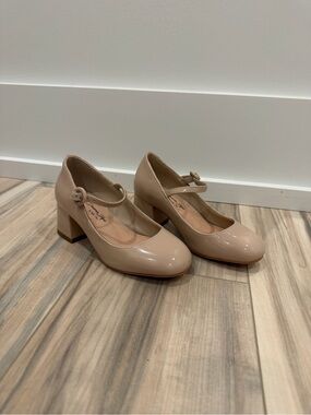 Girls' Nude Patent Mary Jane Block Heel Dress Shoes
